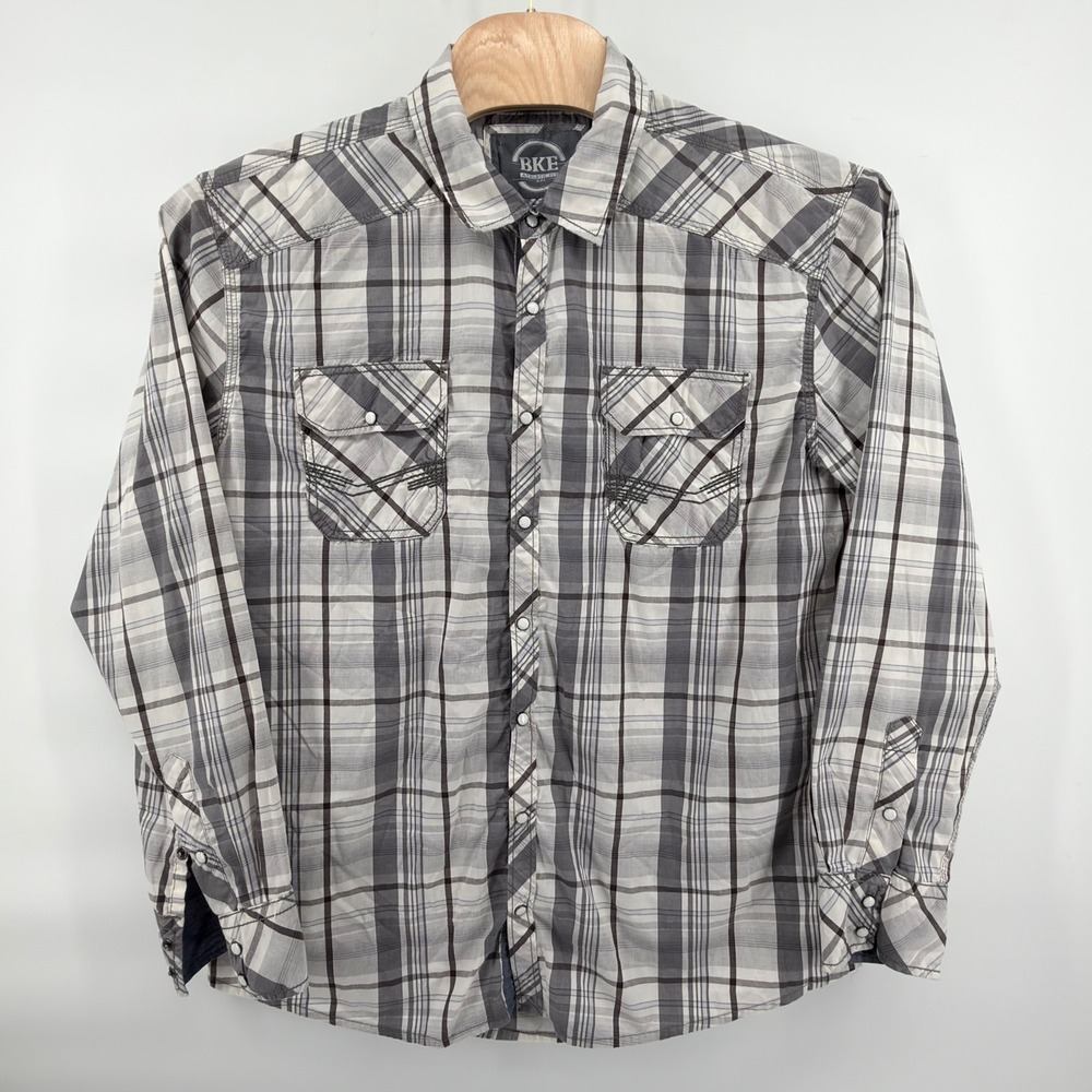 BKE Button Front Shirt Mens XXL Grey White Black Plaid Athletic Fit Pearl Snap